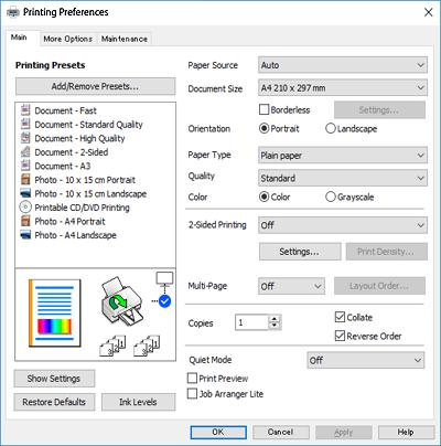 Tulostaminen > Asiakirjojen tulostaminen > Tietokoneelta tulostaminen Windows 5. Avaa tulostinohjaimen ikkuna valitsemalla Asetukset tai Ominaisuudet. 6. Tee seuraavat asetukset.