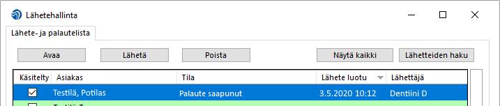 11 / 15 6.2. Käsittelylistan toimintopainikkeet Avaa-painike sekä läheterivin tuplaklikkaus avaavat lähetteen sekä siihen tulleen palautteen. Lähetä-painike lähettää uudelleen valitun lähetteen.