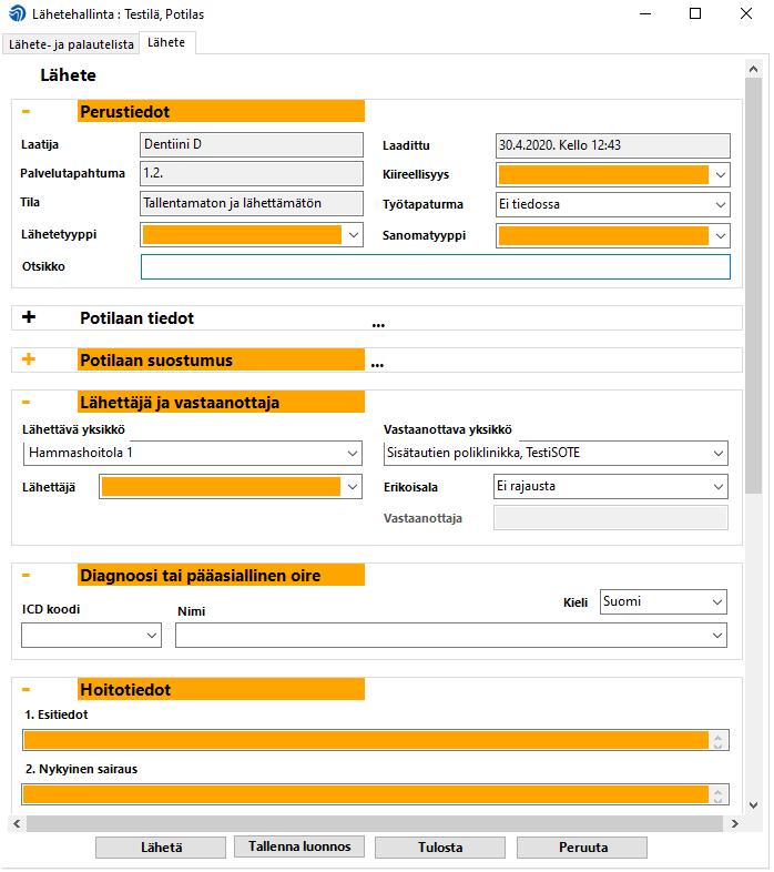 7 / 15 Kentän arvo valitaan klikkaamalla kenttää. Kentät laajenevat, kun niihin kirjoitetaan. Potilaan muita tietoja voidaan selata lähetettä täyttäessä (asiakasta ei kuitenkaan voi vaihtaa).