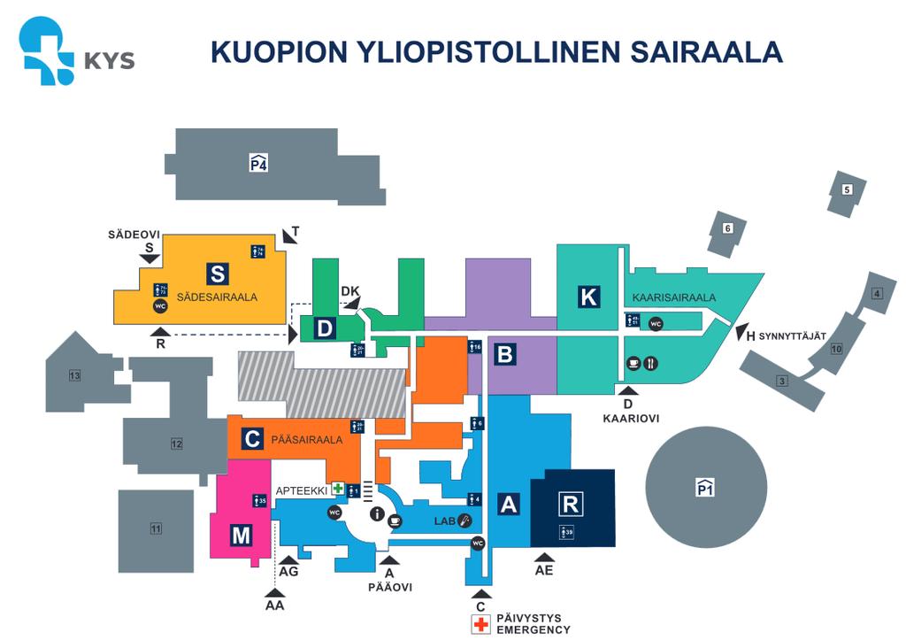 Reitti pääsairaalasta Kaarisairaalaan (D-aulan 1. krs, G1-käytävä) Huom.