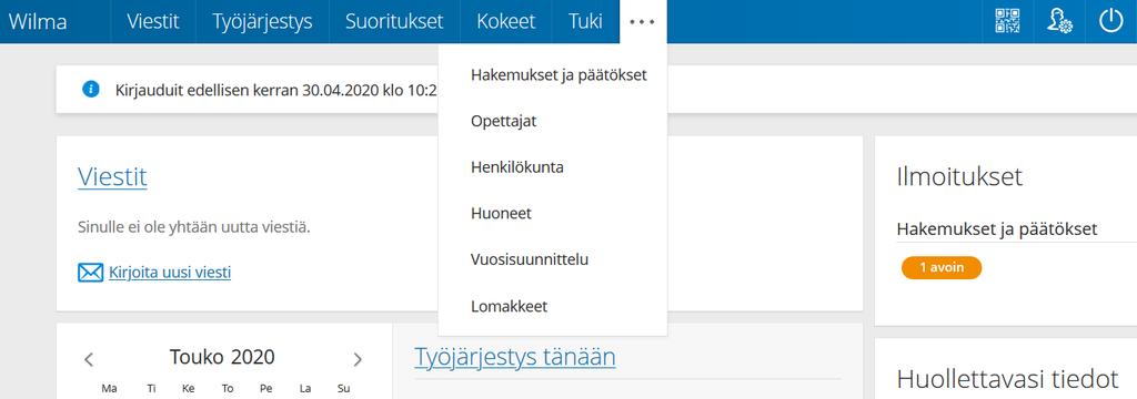 Hakemuskaavake täytetään Wilmassa: 1) Kirjaudu osoitteeseen onk.inschool.fi. Älä käytä älypuhelinsovellusta vaan kirjaudu Internet-selaimella!