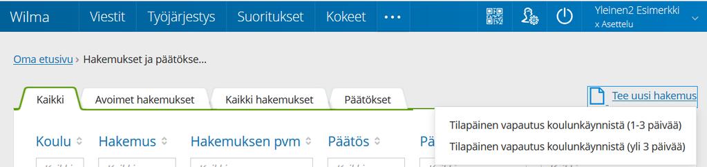 Näpäytä avautuvasta valikosta hakemukset ja päätökset -otsaketta (kuva 2). Kuva 1. Hakemukset ja päätökset -otsake. Kuva 2. Kolme pistettä sekä siitä avautuva valikko.