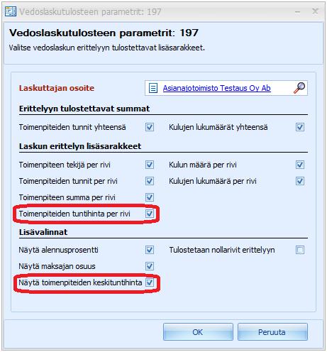 16 (19) VEDOSLASKU VEDOSLASKULLE TUNTIHINTA JA KESKITUNTIHINTA (EI AS, PR) Vedoslaskulle voi nyt tulostusparametreissa valita näkyviin kunkin toimenpiteen tuntihinnan ja laskun toimenpiteiden