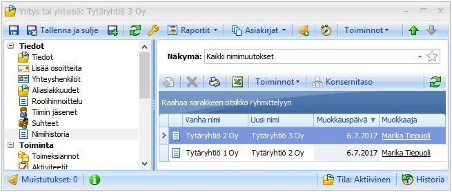 ASIAKAS YRITYSASIAKKAAN NIMIHISTORIA-ALIKANSIO Jos yritysasiakkaan nimi muutetaan, vanha nimi voidaan tallentaa nimihistoriaan.