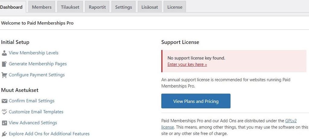 22 jäsenohjelmien kokeilujaksot käyttöoikeudet 6.3 Paid Memberships Pro -jäsenlisäosa Paid Memberships Pro -jäsenlisäosa oli myös yksi ehdokkaista jäsenohjelman rakentamiseen.
