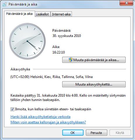 1.28: Päivämäärän ja kellonajan ominaisuusikkuna on tyypillinen Windows-valintaikkuna.