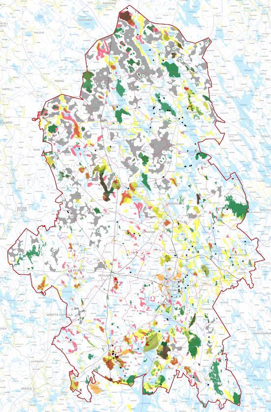 Maiseman herkkyysanalyysi ja seudullisesti merkittävä tuulivoimapotentiaali Puskurien ulkopuolelle jäävät alueet, yli 8km² tuulivoimapotentiaalialueiden valinta Johtoverkko, tiestö V ja M