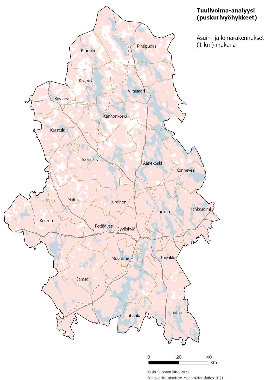 Seudullisesti merkittävä tuulivoimapotentiaali, puskurivyöhykkeet Luonnonsuojelu- ja suojelualueet, kansallis- ja luonnonpuistot (> 50 ha alueet: 500 m, < 50 ha alueet: 100 m) Maakunnallisesti