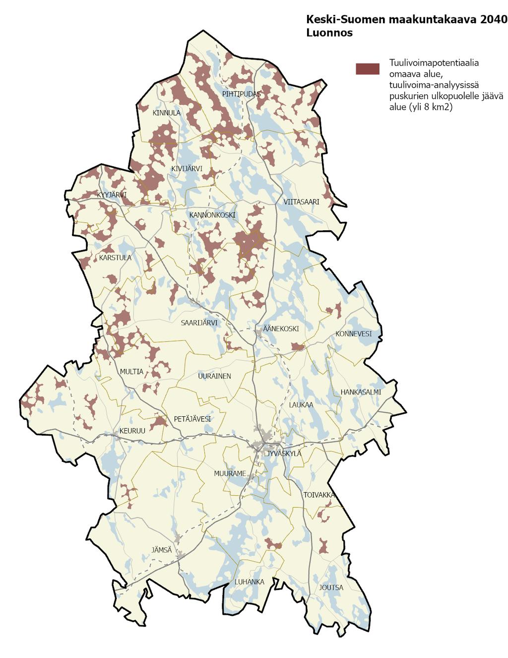 Seudullisesti merkittävä tuulivoimapotentiaali, puskurivyöhykkeet Luonnonsuojelu- ja suojelualueet, kansallis- ja luonnonpuistot (> 50 ha alueet: 500 m, < 50 ha alueet: 100 m) Maakunnallisesti