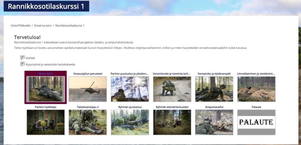 Kuva 2. Kuvaleike PVMoodlen Rannikkosotilaskurssi 1. -työtilasta (Puolustusvoimat 2021b) Yllä olevassa kuvankaappauksessa näkyy varusmiehen näkymä PVMoodlen kurssista Rannikkosotilaskurssi 1. (kuva 2.