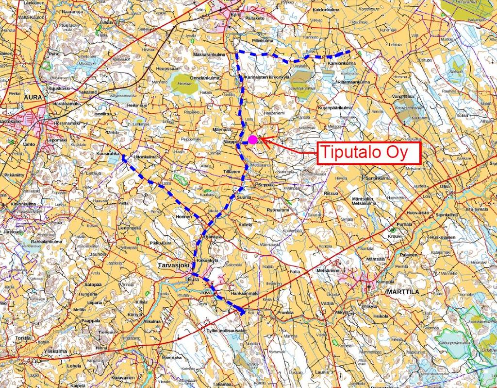 Kuvaan 8.4 on arvioitu kokonaisalue, mille lantaa olisi käytännössä mahdollista levittää. Lannanlevitysmatkojen on arvioitu olevan taloudellisesti järkevää noin 10 kilometrin säteellä hankealueesta.