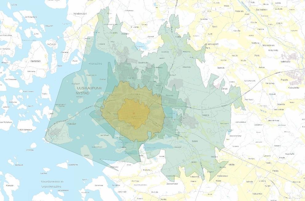 Saavutettavuus pyöräillen 5 minuutin pyöräilymatkan etäisyydellä keskustasta asuu 21 % Uudenkaupungin väestöstä.