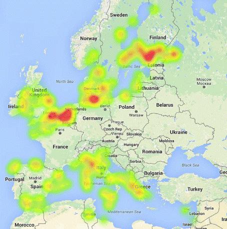 Kuvio 61. Euroopan ro-ro-liikenteen heat map. Lähde: Langen ym. 2016 Muita suomalaisia lastiro-ro-varustamoita ovat ns.