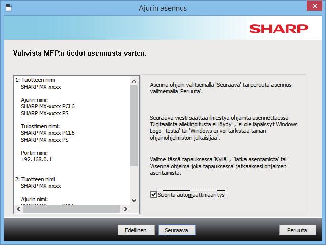 Sisällysluettelo Windows / Valitse asennettava ohjelmisto Tulostinohjaimen/ PC-Faksiohjaimen asennus (yleinen menettely) Standardi asennus / Lisäasetukset 5 Noudata näytöllä olevia ohjeita.