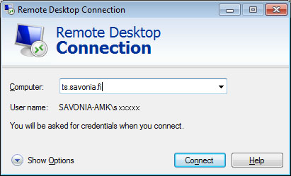 TERMINAL SERVER-YHTEYDEN MUODOSTAMINEN KOTIKONEELTA SAVONIAN TS-PALVELIMELLE Joitakin Savonian ohjelmia voi käyttää vain Savonian verkkoon kirjautuneelta koneelta.
