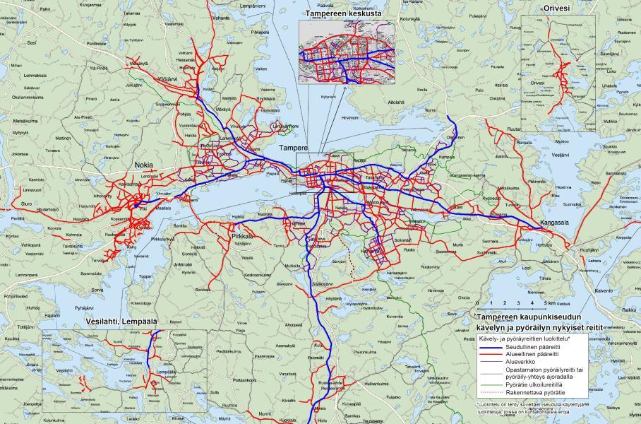 Kuva 9. Tampereen kaupunkiseudun kävelyn ja pyöräilyn nykyiset reitit. 4.