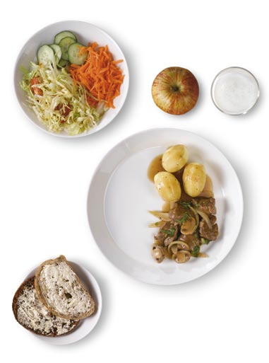 Työpaikka-ateria Muista lautasmalli, vaikka salaatille olisikin oma lautanen. Käytä perunalle ja lihalle/kalalle vain neljännekset lautasesta.