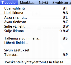 Tiedosto-välilehden kautta pääsee tekemään useita hyödyllisiä toimintoja. Uusi välilehti avaa uuden tyhjän sivun samaan ikkunaan, kun taas Uusi ikkuna avaa samalle selaimelle toisen ikkunan.