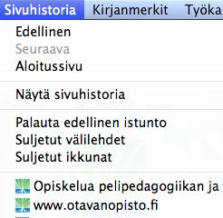 Sivuhistoria-välilehdeltä päästään käsiksi sivuhistoriaan eli sivuihin, joissa käyttäjä on aikaisemmin käynyt.