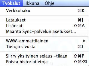 Tätä kautta voidaan myös lisätä aktiivisena oleva sivu kirjanmerkkeihin (Lisää sivu kirjanmerkkeihin). Työkalut-välilehdeltä löytyvät esim.