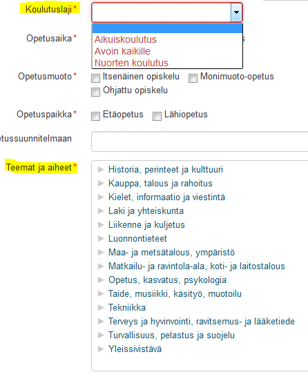 tiedot -välilehti tulee aktiiviseksi. Pakolliset kentät ovat merkittyinä punaisella tähdellä (*).