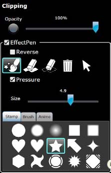 Lokero-kytkin Näytä / piilota tehostetarjotin Tehostekynä Työkalut (tehosteasetus lokero) Animaatio tallennuspainike Kääntämällä pyöreää painiketta, voit tallentaa muutokset teidän vaikutuksia