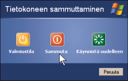 Tietokoneen sammutus Ennen kun sammutat tietokoneen, muista sulkea kaikki ohjelmat. Klikkaa hiirellä työpöydän vasemmassa alareunassa olevaa Käynnistäpainiketta.