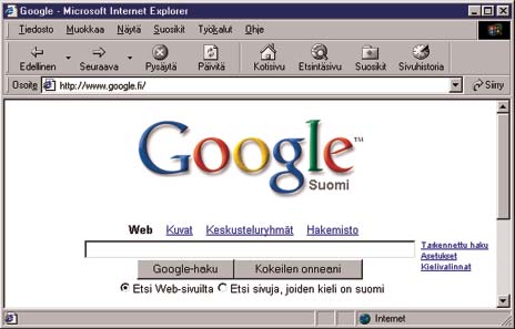 Tiedonhaku Internetistä hakukenttä osoiterivi 1. Kirjoita Internet-sivun osoite Klikkaa hiirellä osoiteriville, jolloin kentässä oleva vanha osoite maalautuu siniseksi. Poista vanha osoite.