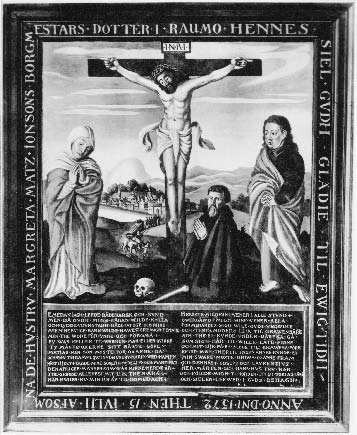 4. luku: Reformaation vaikutus memoria- ja lahjoituskäytäntöön 131 Kuva 36: Margareta Jussoilan epitafimaalaus, 1500- ja 1600-lukujen vaihde. Öljyväri puulle, 106 x 87 cm. Rauman kirkko.