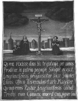 5. luku: Lahjoittajien kuvat Suomessa 1600- ja 1700-luvuilla 235 Kuva 82: Johannes Liliuksen epitafimaalaus, 1660-luku. Öljyväri kankaalle, 88 x 64 cm. Längelmäen kirkko. Kuva: Tuija Tuhkanen.