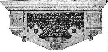 262 Kuva 92: Muistokirjoitus, yksityiskohta Elin Flemingin epitafireliefistä, 1604. Maalaus kiveen. Tenholan kirkko. Kuva: Totti Tuhkanen.