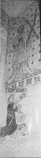 3. luku: Lahjoittajien kuvat Suomessa keskiajalla 69 Kuva 15: Pyhä Andreas ja polvistunut figuuri, 1470. Kalkkimaalaus. Kalannin kirkon eteläseinän ensimmäisen holvivälin ikkunasyvennys.