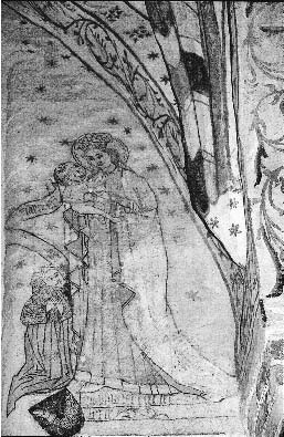 76 Kuva 17: Neitsyt Maria ja lahjoittajafiguuri, 1460-1480- luku. Kalkkimaalaus. Taivassalon kirkon itäseinä. Kuva: Tuija Tuhkanen. Figuurista on vaikea päätellä lahjoittajan sukupuolta.