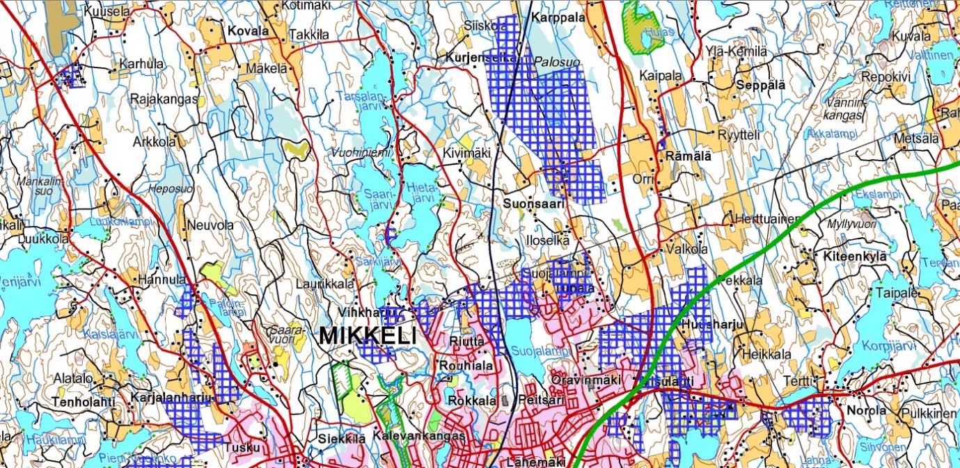 46 Kuva 15. Mikkelin kaupungin omistamat maat taajama-alueen ympäristössä sekä uusi VT5-linjaus.