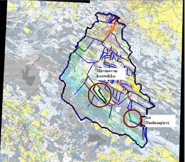 60 Kuva 18. Maaperäaineisto WMS-käyttöliittymään rakennetussa valuma-aluemallissa (punainen = Pohjamoreeni, keltainen = Rantakerrostuma, vihreä = Turvekerrostuma, sininen = Vesi).