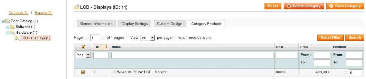 27 Tuotteen lisääminen kategoriaan tapahtui Manage Categories sivulla, valitsemalla valikosta haluttu kategoria, tässä tapauksessa LCD Displays, ja Category Products välilehti.