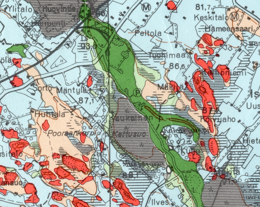 Bedrock = lähes vettäläpäisemätön peruskallio, till = moreeniyksikkö, gf-co = karkea