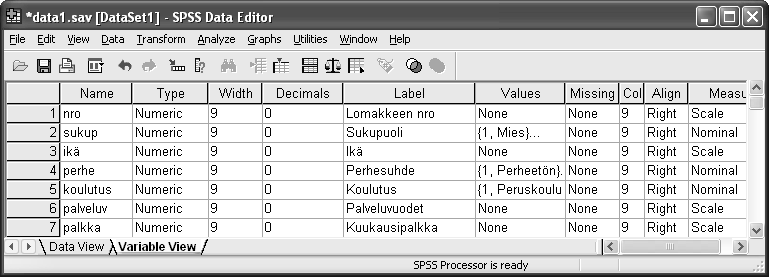 SPSS OPAS 5 Esimerkki muuttujamäärittelyistä Variable View -näkymässä: Esimerkki aineistosta Data View -näkymässä: 1.2 Aineiston syöttäminen Syötä aineisto datanäkymässä (Data View).