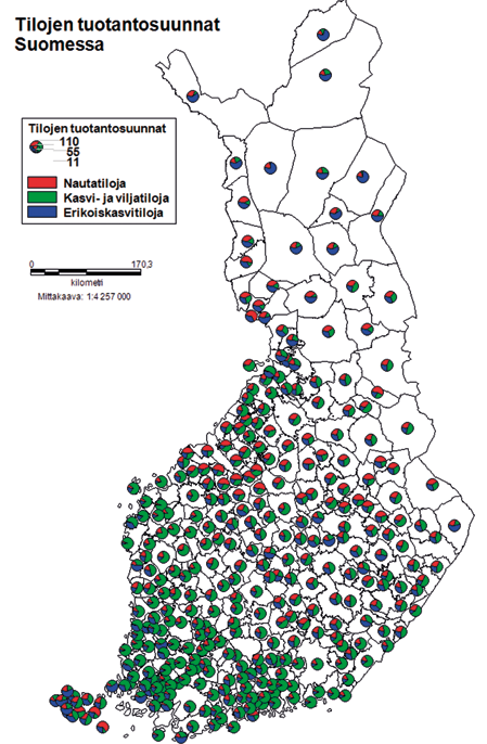 10 Kuva 2: Maatilojen tuotantosuunnat. Kuvassa on piirakkadiagrammilla esitetty tuotantosuuntien suhteelliset osuudet Suomen eri kunnissa.
