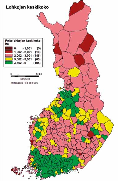 19 Kuva 5: Peltolohkojen keskimääräiset pinta-alat. Vasemman puoleinen kuva esittää nykytilannetta ja oikeanpuoleinen kuva tilannetta, missä tilukset olisi järjestelty.