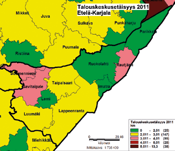 Kuva 12: Tilusjärjestelymahdollisuudet Etelä-Karjalassa. Vasemmalla on esitetty kuntakohtainen peltolohkojen yhdistämispotentiaali, ja oikealla tilusjärjestelypotentiaali.