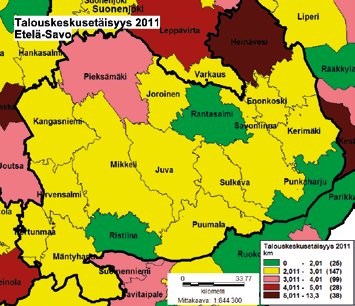 Peltolohkojen talouskeskusetäisyys (talouskeskusetäisyys on maakunnassa keskimäärin 2,7 kilometriä, 18 prosenttia keskimääräistä lyhyempi) ei ole Etelä-Savossa suuri ongelma.