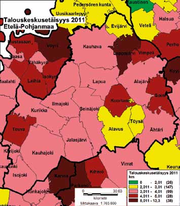 keskimääräistä pidempi) lyhentämiseen koko maakunnan alueella. Kuva 15: Tilusjärjestelytarve Etelä-Pohjanmaalla.