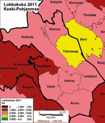 4.2.7 Keski-Pohjanmaa Maakunnassa on vaihtelevasti tilusjärjestelytarvetta, joka kohdistuu talouskeskusetäisyyden (talouskeskusetäisyys on maakunnassa keskimäärin 2,6 kilometriä, 21 prosenttia