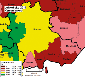 41 Kuva 25: Tilusjärjestelytarve Kymenlaaksossa.