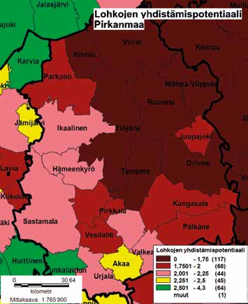 45 Kuva 30: Tilusjärjestelymahdollisuudet Pirkanmaalla. Vasemmalla on esitetty kuntakohtainen peltolohkojen yhdistämispotentiaali ja oikealla tilusjärjestelypotentiaali.