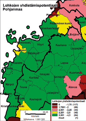 47 Kuva 32: Tilusjärjestelymahdollisuudet Pohjanmaalla. Vasemmalla on esitetty kuntakohtainen peltolohkojen yhdistämispotentiaali ja oikealla tilusjärjestelypotentiaali.