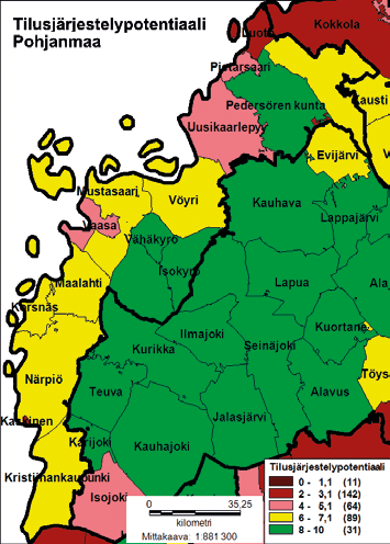 Punainen väri osoittaa heikohkoja mahdollisuuksia. 4.2.13 Pohjois-Karjala Maakunnassa ei ole yleistä tilusjärjestelytarvetta.