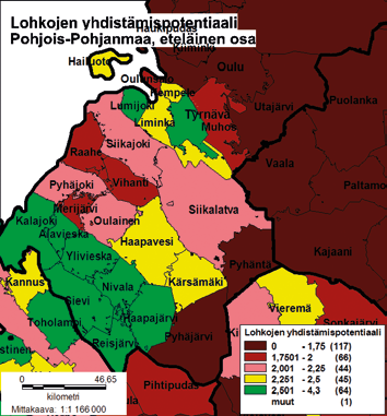 Lohkojen yhdistämispotentiaali (2,20) on kohtalainen, keskimäärin 6 prosenttia Suomen keskiarvoa parempi.