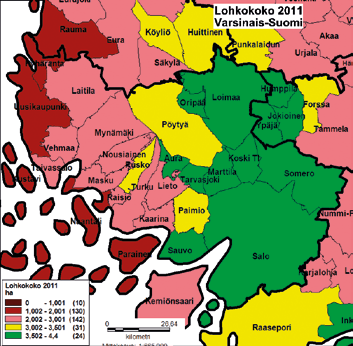 59 Kuva 45: Tilusjärjestelytarve Varsinais-Suomessa.